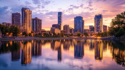 Fototapeta premium Cityscape at sunset reflecting on tranquil water