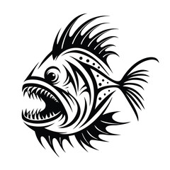 Piranha Fish Illustration, Black and White Image, Tribal Tattoo Style, Sharp Teeth, Fierce
