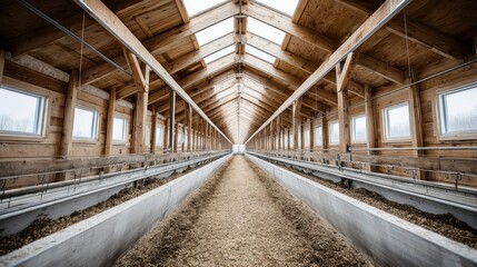The interior of a large wooden barn with long feed troughs and a symmetrical design.