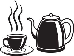 Hot Tea Cup and Kettle Illustration Elegant Black and White Tea Art