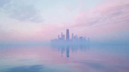 Fototapeta premium Misty city skyline reflected in calm water at sunrise. Soft pastel colors create a serene and dreamy atmosphere