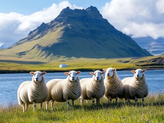 Obraz premium Sheep graze peacefully by lake, against a backdrop of mountains, in Iceland for a travel brochure