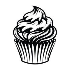 Cupcake Isolated Outline, Black and White Silhouette with Swirls, Decorative Details