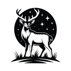 Deer Silhouette Standing in Grass with Starry Night Background Black and White