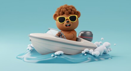 Playful cartoon bear character cruises in a motorboat on a sunny day in summer vacation, a fun 3D rendering for kids and family content