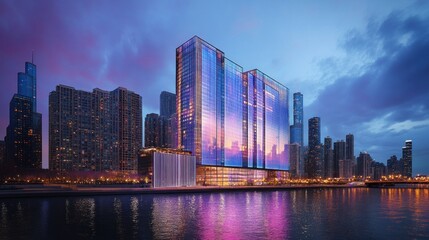 Fototapeta premium Modern skyscraper in a vibrant cityscape at twilight. A striking architectural design with illuminated facade