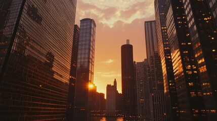 Fototapeta premium City skyline at sunset, illuminated modern skyscrapers