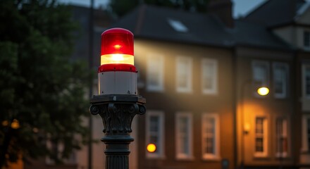 Red Warning Light Illuminating on Street at Dusk