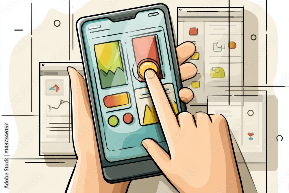Aufkleber Stylized Smartphone Interface Showcasing User Interaction and Selection of Colorful Options on a Digital Display