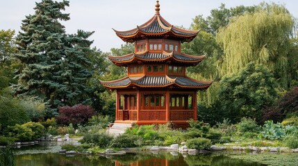 Naklejka premium Traditional Chinese Pagoda in a serene garden setting. Peaceful, wooden structure with tiered roof. Lush greenery surrounds tranquil pond reflecting the pagoda's image
