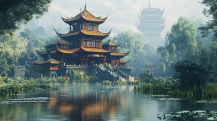 Naklejka premium Misty Asian temple complex by a tranquil lake. Lush foliage surrounds a tiered pagoda structure reflecting in serene water