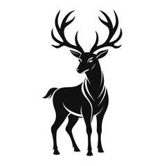Elegant Black Silhouette of Standing Deer with Antlers Isolated on White Background