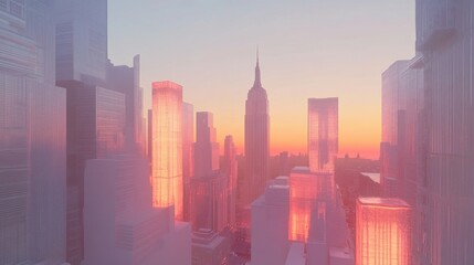 Fototapeta premium Sunrise over a futuristic city skyline, bathed in a soft, pastel glow