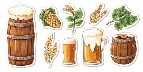 Oktoberfest Sticker sheet with beer mugs, sausages, and steins of German glass on a dark grey background