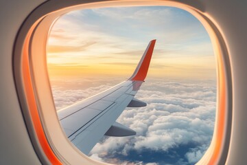 Fototapeta premium High-altitude view of airplane wing and clouds at sunset