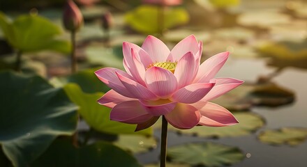 Obraz premium Beautiful lotus flowers with vibrant green leaves floating on a peaceful lake – nature stock photo