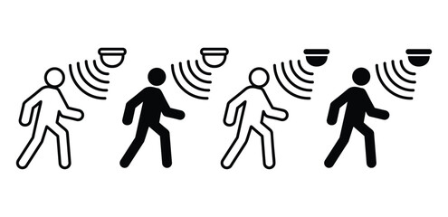 Motion Sensor Detection Icon Black and White Walking Figures and Sensors Illustration Vector Design