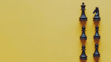 Black chess pieces arranged on yellow background.