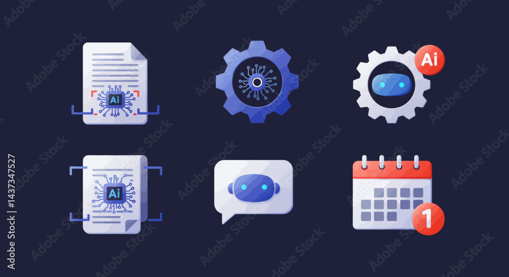 Poster ai integration concept featuring chatbot, document processing, settings and calendar for modern tech