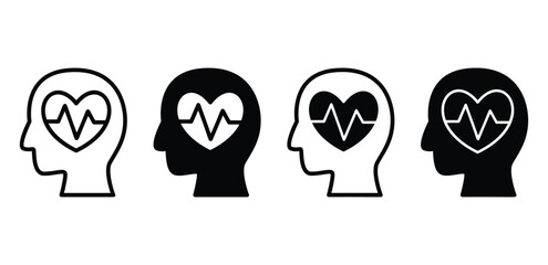 Mental Health Icons Black and White Head Silhouettes with Heartbeat Symbol Vector Design 
