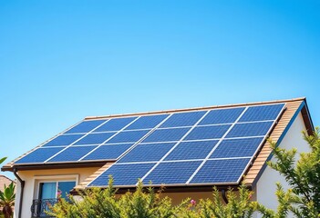 Naklejka premium Sleek solar panels on a modern house, sunny blue sky, global warming, solar installation