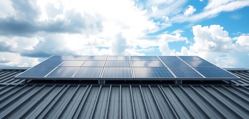 Fototapeta premium Sleek solar panels on building roof, cloudy sky backdrop, power, sustainable