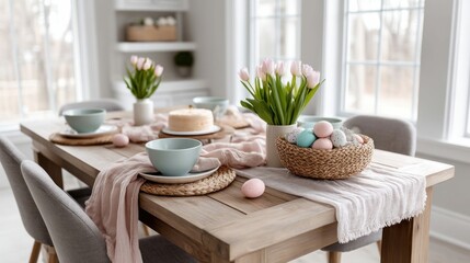 An elegantly set Easter dining table adorned with flowers, eggs, and cake, ready for a spring celebration.