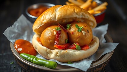 Fried delicious Indian street food Vada Paav. Popular snack from Maharashtra in high definition