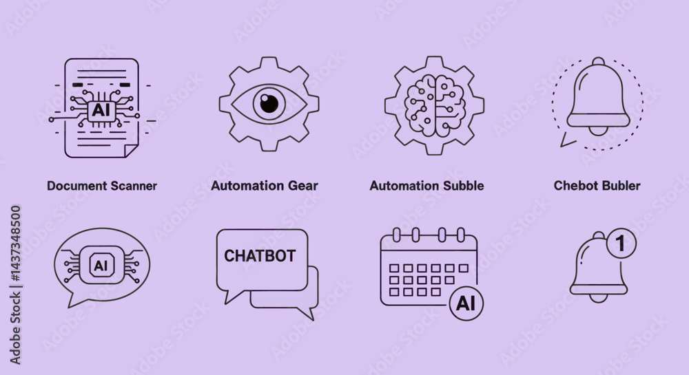 Poster collection of ai icons representing automation, document scanning, chatbot, and notification system 