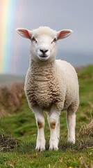 Fototapeta premium Lamb standing on green grass with rainbow in background on cloudy day, perfect for Easter cards