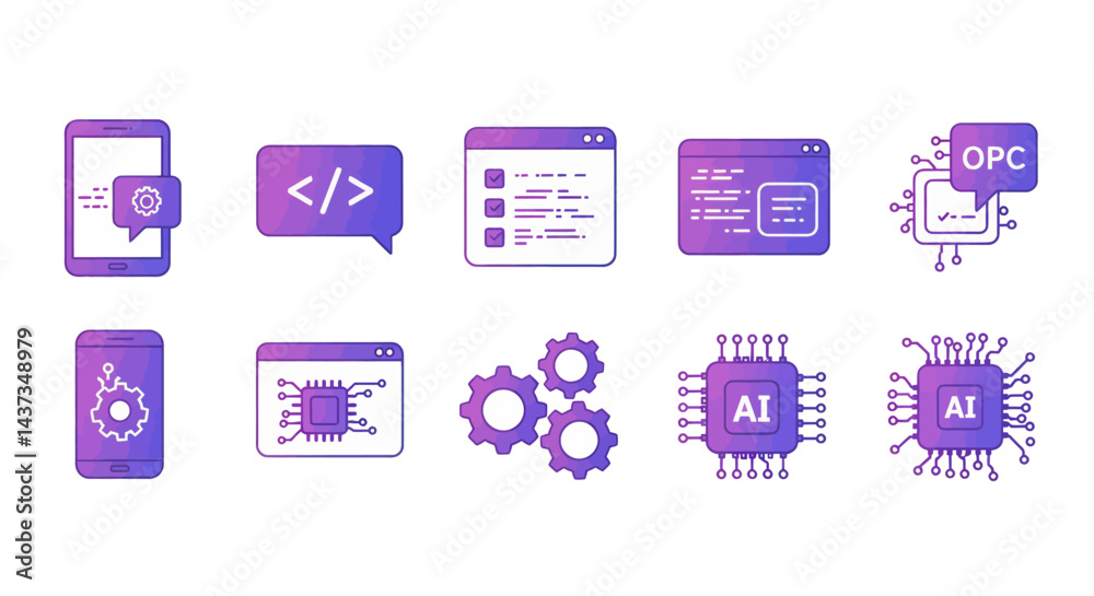Poster creative technology icons representing artificial intelligence, coding, software development and aut