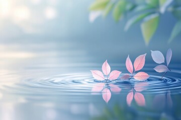 Gentle ripples cradle delicate leaves emerging from serene water at dawn in a tranquil natural setting