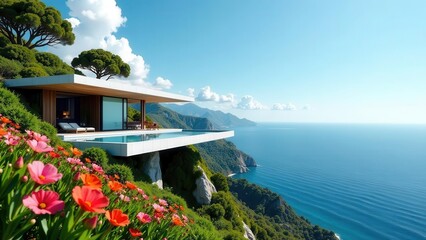 Fototapeta premium Serene Cliffside Villa with Infinity Pool and Blooming Flowers, Offering Breathtaking Ocean Views
