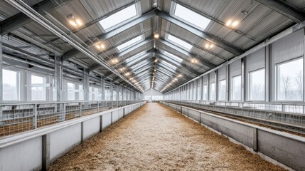 Obraz premium The interior of a barn with a long corridor and skylights, in a modern industrial design.