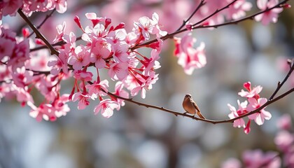Obraz premium Soft pink sakura blossoms in bright spring sunlight, delicate branches, tiny bird perched, freshness, cherry blossom