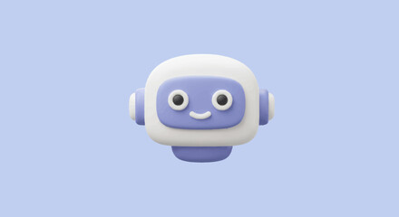 Obraz premium Cute 3D robot head character with a friendly smile on a soft blue background perfect for technology and innovation themes