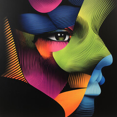 Abstract colorful face with wavy lines on dark background