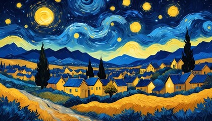 Painting of a town with houses and trees