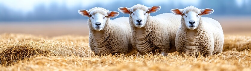 Obraz premium Sheep standing together in a field, gazing towards the viewer in a rural farm setting