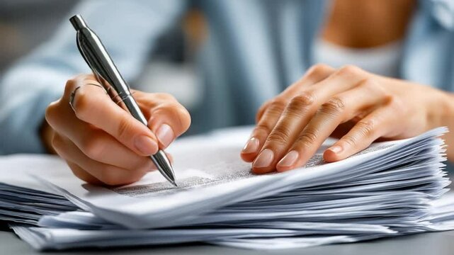 Handwriting Documentation: Close-up shot of a person meticulously writing on sheets of paper with a silver pen. The scene evokes the meticulous nature of detailed documentation.