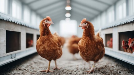 Two beautiful brown hens stand close together inside a clean chicken coop.