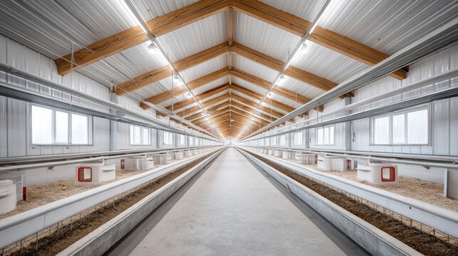 A vast industrial chicken barn interior with rows, designed with wood and bright lights.