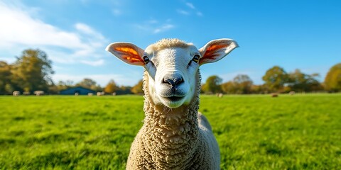 Obraz premium Sheep poses in green field with blue sky, peaceful pastoral scene for agriculture