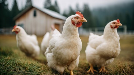 Fototapeta premium A flock of white chickens foraging peacefully in a lush green field on a cloudy morning.