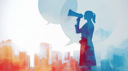 Woman Leader with Megaphone Over City Skyline Showing Teamwork