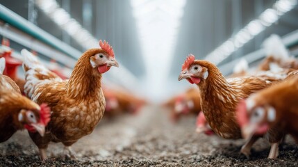 Fototapeta premium Numerous chickens gathered in a modern henhouse, presenting a scene of poultry farming.