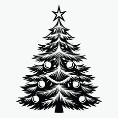 Monochrome Christmas Tree with Star Topper and Baubles, Festive Celebration Design