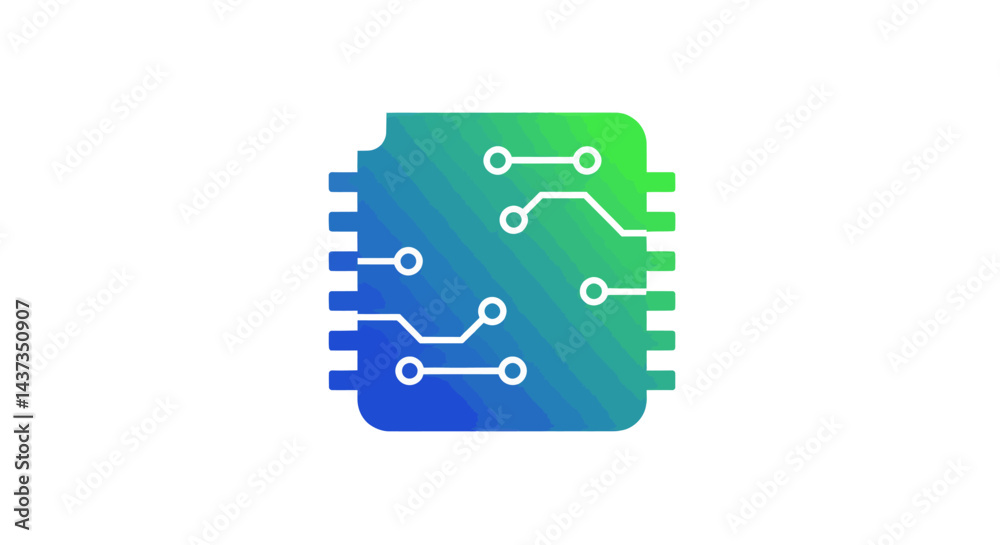 Poster gradient blue and green computer chip icon with circuit lines on a white background symbolizes techn