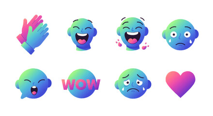 Gradient emoji faces expressing diverse emotions and reactions in a modern vector design ideal for digital communication and social media content