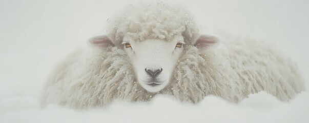 Front close-up of a sheep resting in winter snow, farm scene, agriculture